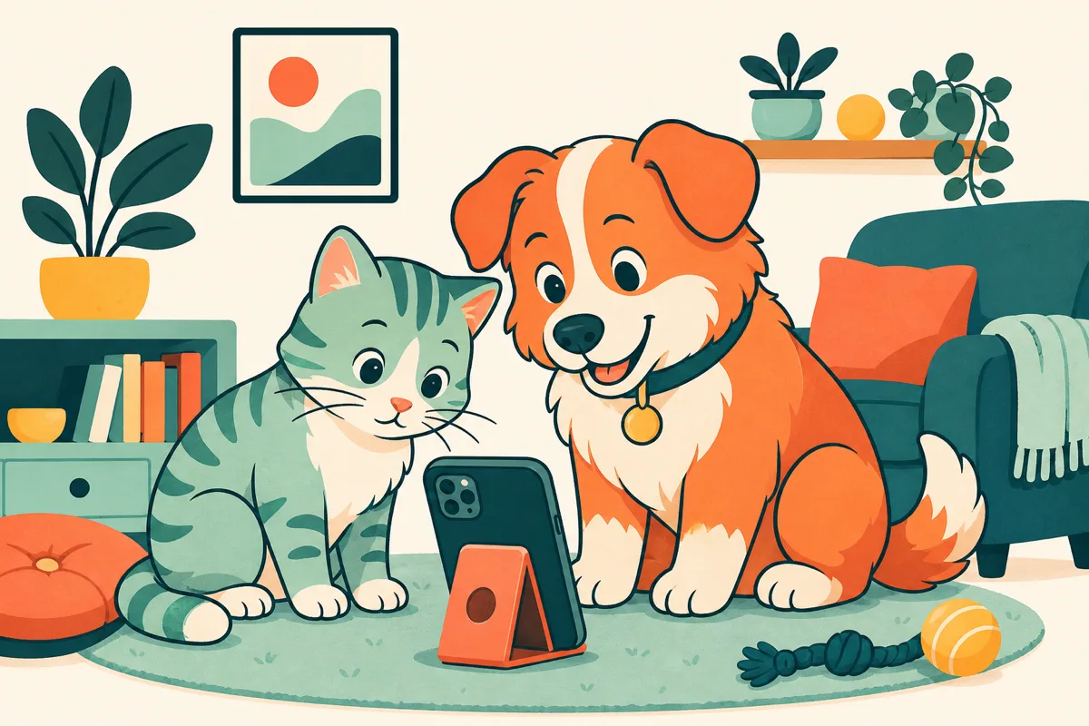 A cat and dog watching a phone set up as a pet camera